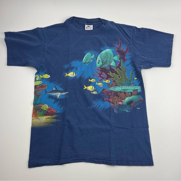 Vtg 90's Harlequin Nature Graphics All Over Print Ocean/Wildlife T Shirt Size L - Picture 1 of 8